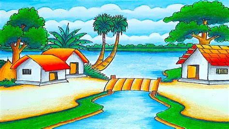 beautiful village drawing easy|How to Draw A Beautiful Village Scenery .